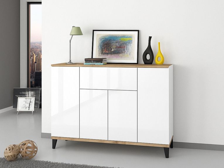 Credenza bianco lucida e acero 120x40x82h cm 3 ante e 1 cassetto - Albatross