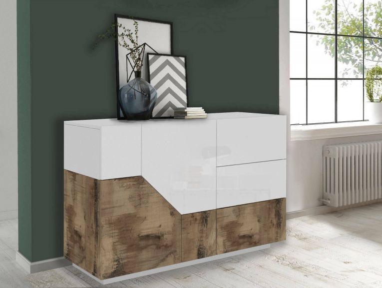Credenza bianco lucida e acero 141x43x86h cm 2 ante e 3 cassetti - All