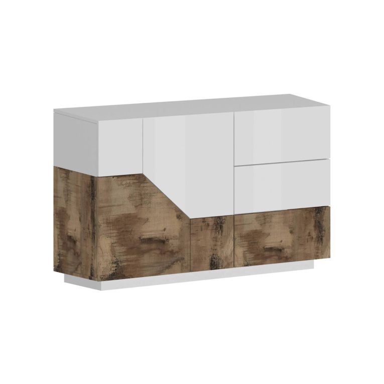 Credenza bianco lucida e acero 141x43x86h cm 2 ante e 3 cassetti - All