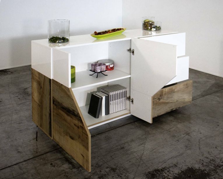 Credenza bianco lucida e acero 141x43x86h cm 2 ante e 3 cassetti - All