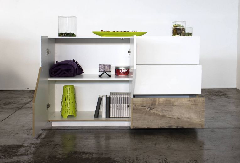 Credenza bianco lucida e acero 141x43x86h cm 2 ante e 3 cassetti - All