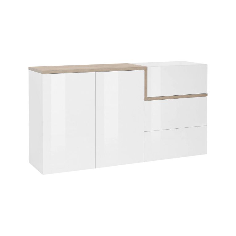 Credenza bianco lucida e acero 150x40x80h cm 2 ante e 3 cassetti - Asgard