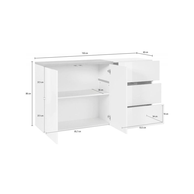 Credenza bianco lucida e acero 150x40x80h cm 2 ante e 3 cassetti - Asgard