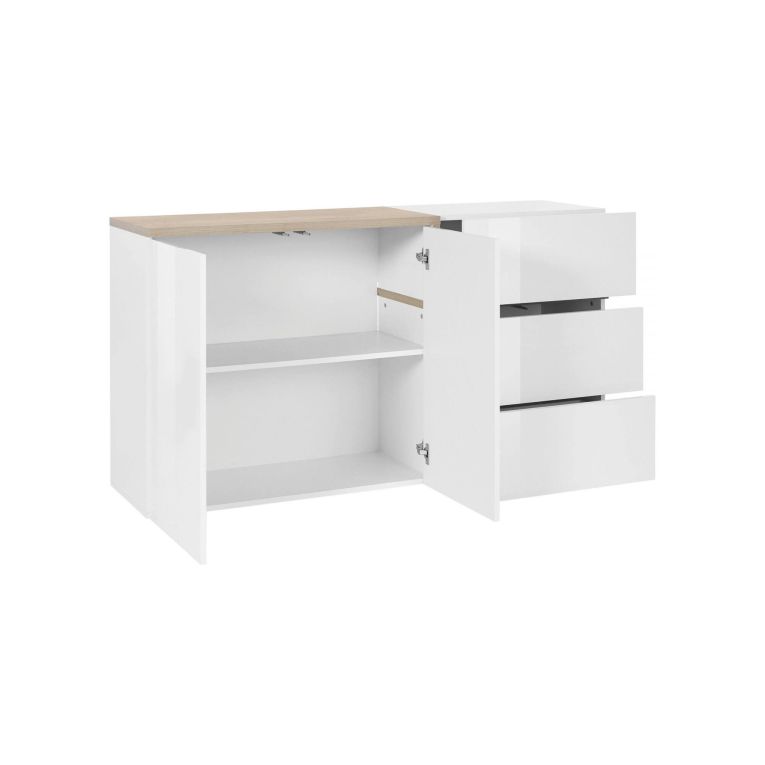 Credenza bianco lucida e acero 150x40x80h cm 2 ante e 3 cassetti - Asgard