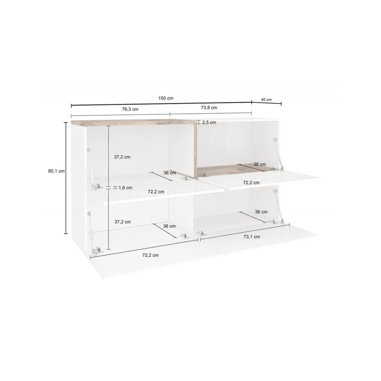 Credenza bianco lucida e acero 150x40x80h cm 4 ante - Amici