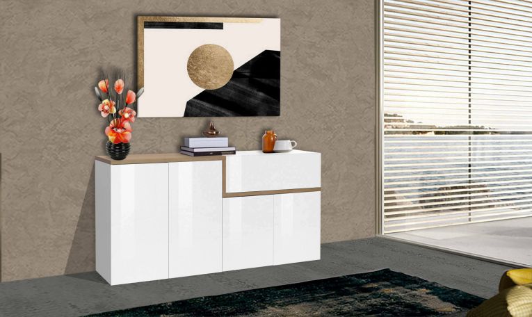 Credenza bianco lucida e acero 160x40x80h cm 4 ante e 1 cassetto - Ashy