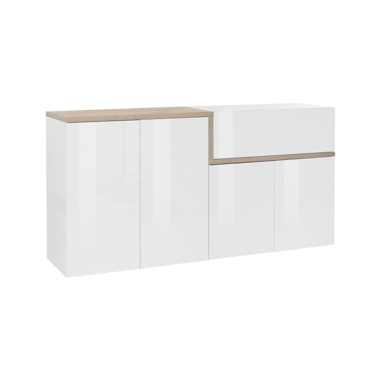Credenza bianco lucida e acero 160x40x80h cm 4 ante e 1 cassetto - Ashy