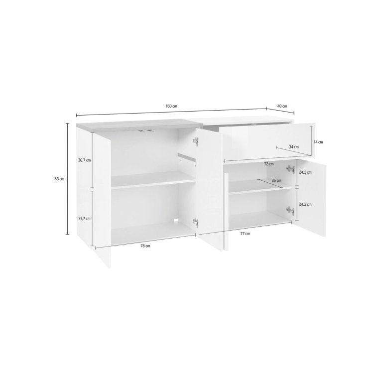 Credenza bianco lucida e acero 160x40x80h cm 4 ante e 1 cassetto - Ashy