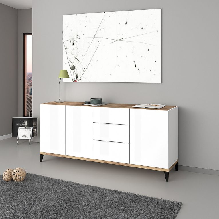 Credenza bianco lucida e acero 160x40x82h cm 3 ante e 3 cassetti - Abic