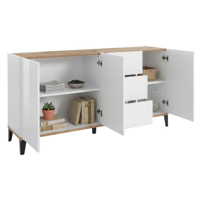 Credenza bianco lucida e acero 160x40x82h cm 3 ante e 3 cassetti - Abic