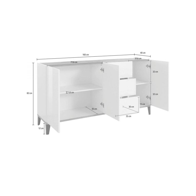 Credenza bianco lucida e acero 160x40x82h cm 3 ante e 3 cassetti - Abic