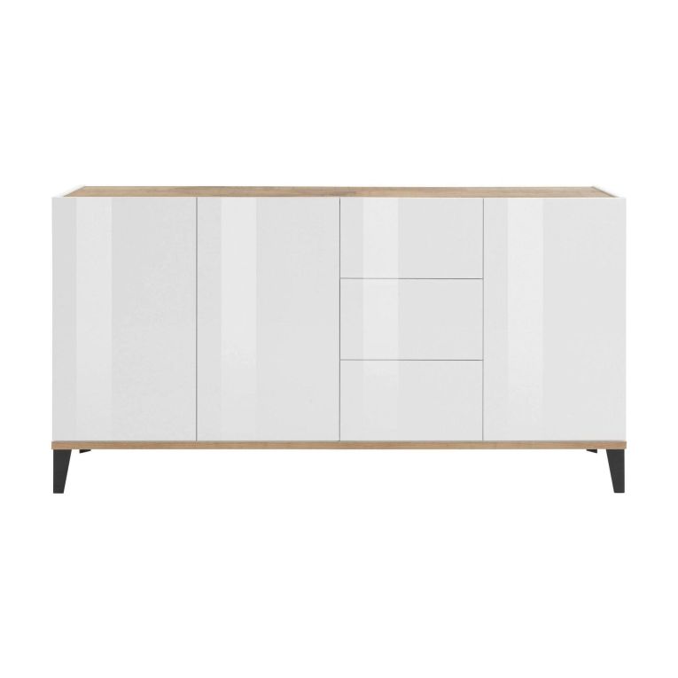 Credenza bianco lucida e acero 160x40x82h cm 3 ante e 3 cassetti - Abic