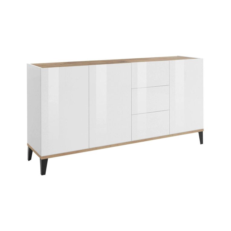 Credenza bianco lucida e acero 160x40x82h cm 3 ante e 3 cassetti - Abic