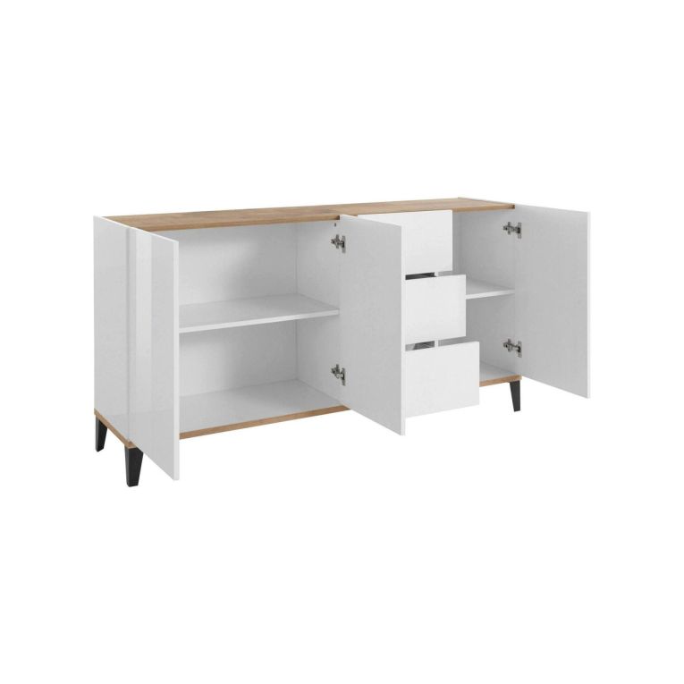 Credenza bianco lucida e acero 160x40x82h cm 3 ante e 3 cassetti - Abic