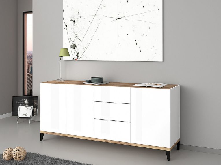 Credenza bianco lucida e acero 160x40x82h cm 3 ante e 3 cassetti - Abic