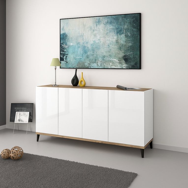 Credenza bianco lucida e acero 160x40x82h cm 4 ante - Ashley