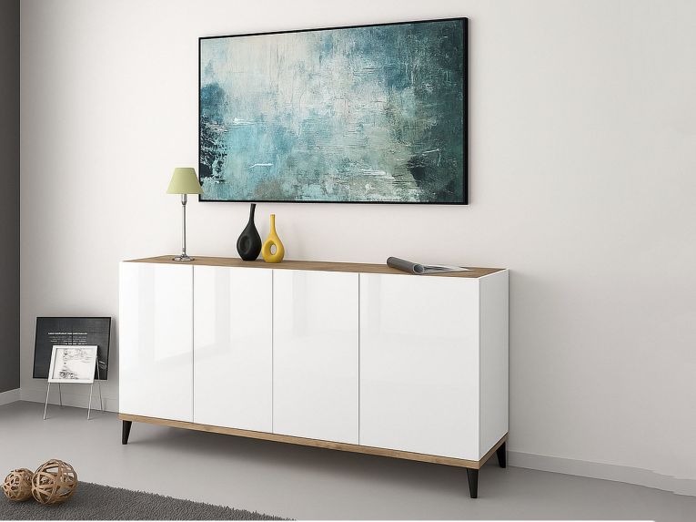 Credenza bianco lucida e acero 160x40x82h cm 4 ante - Ashley