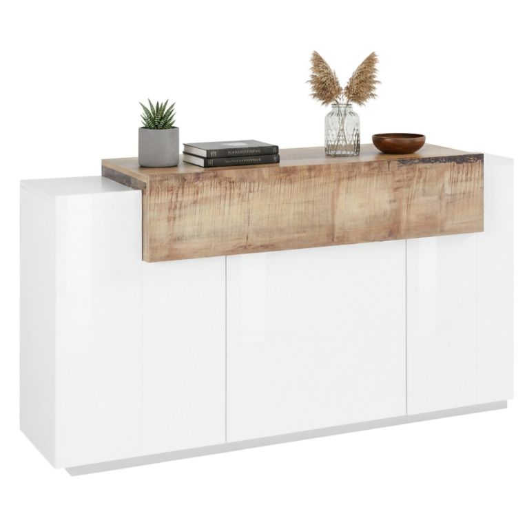 Credenza bianco lucida e acero 160x45x85h cm 4 ante - Aschly