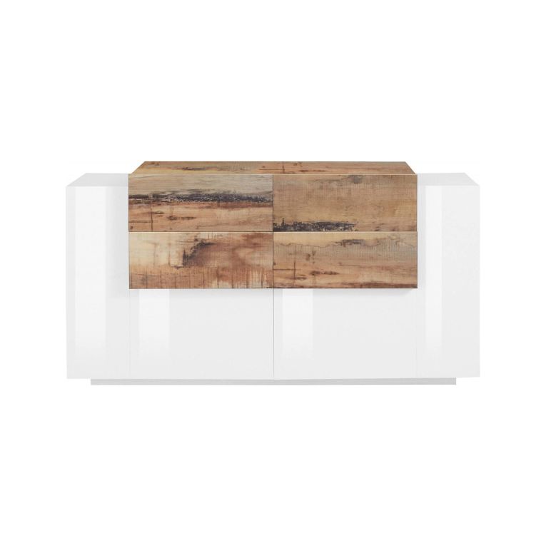 Credenza bianco lucida e acero 160x45x86h cm 2 ante e 4 cassetti - Ashi