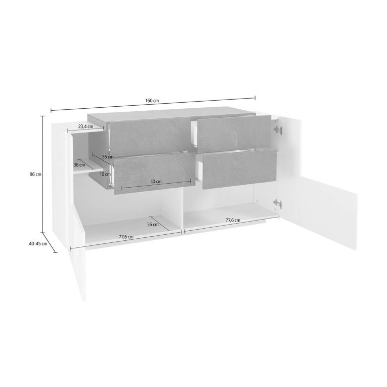 Credenza bianco lucida e acero 160x45x86h cm 2 ante e 4 cassetti - Ashi