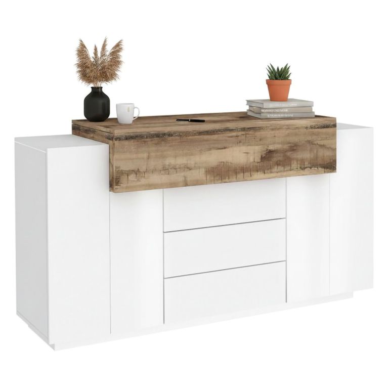 Credenza bianco lucida e acero 160x45x86h cm 3 ante e 3 cassetti - Arbon