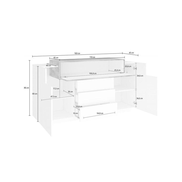 Credenza bianco lucida e acero 160x45x86h cm 3 ante e 3 cassetti - Arbon