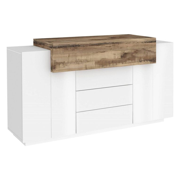 Credenza bianco lucida e acero 160x45x86h cm 3 ante e 3 cassetti - Arbon
