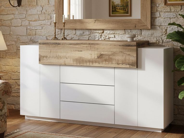 Credenza bianco lucida e acero 160x45x86h cm 3 ante e 3 cassetti - Arbon