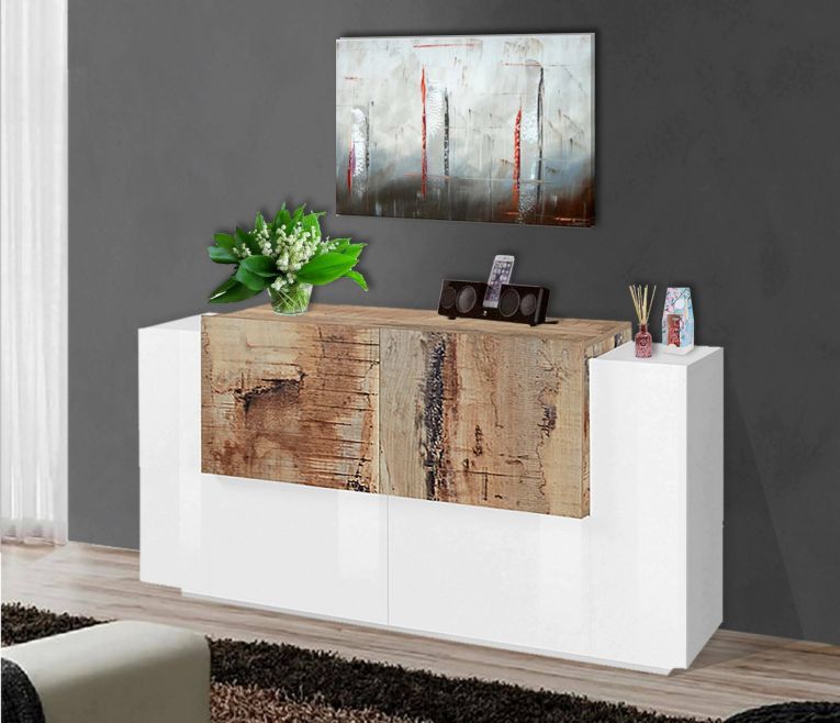 Credenza bianco lucida e acero 160x45x86h cm 4 ante - Muscari