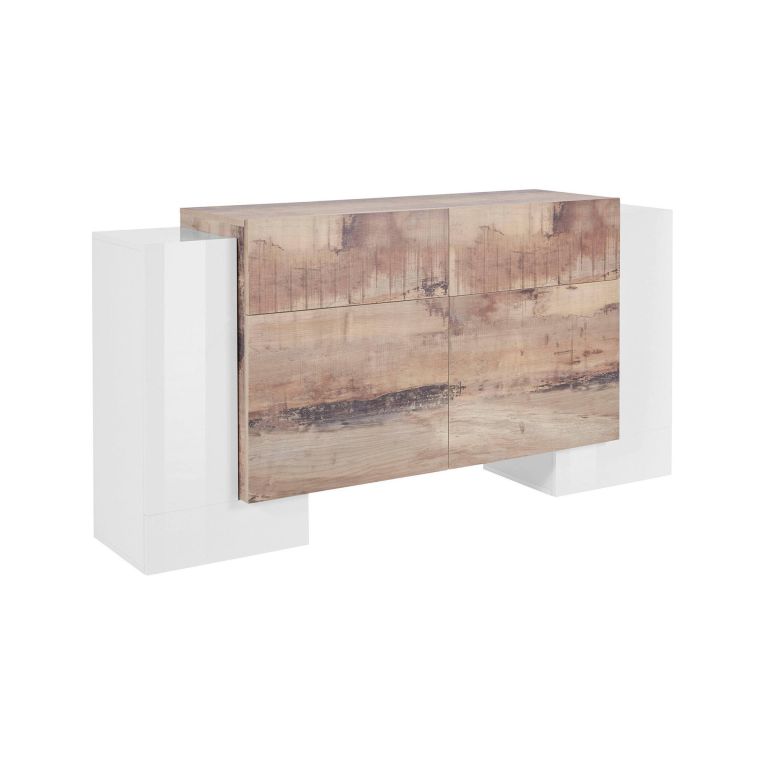 Credenza bianco lucida e acero 170x45x85h cm 4 ante e 2 cassetti - Alei
