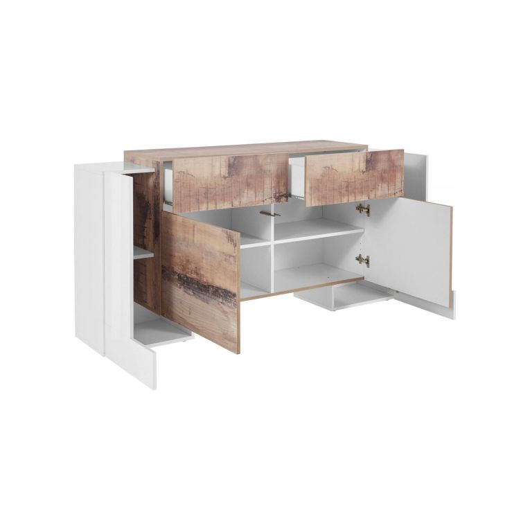 Credenza bianco lucida e acero 170x45x85h cm 4 ante e 2 cassetti - Alei
