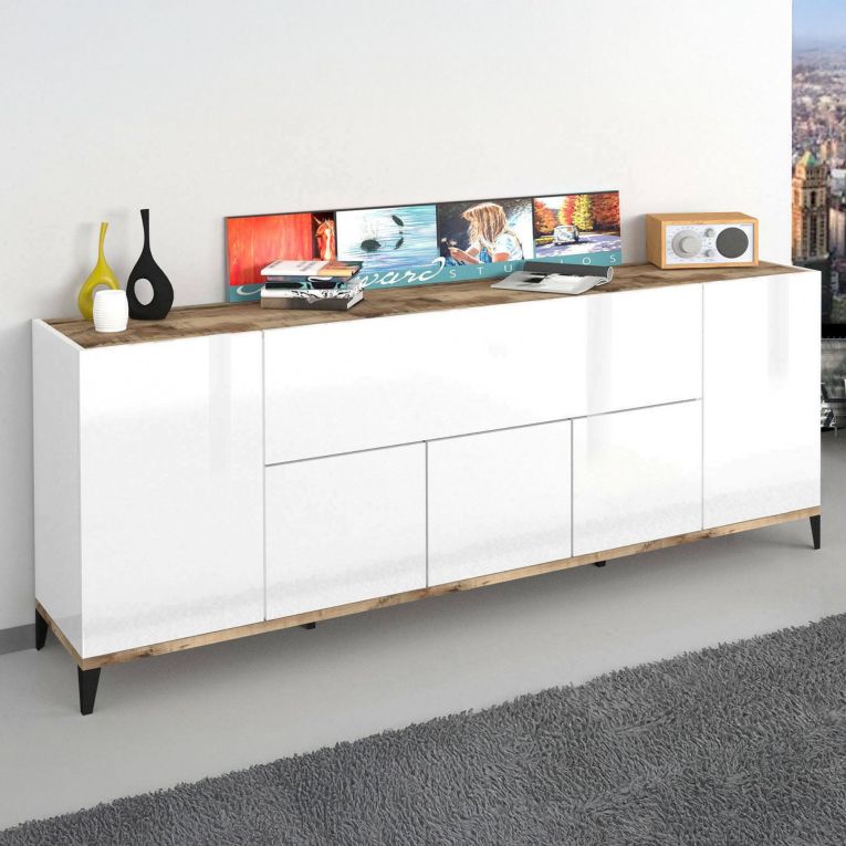 Credenza bianco lucida e acero 200x40x82h cm 6 ante - Amour