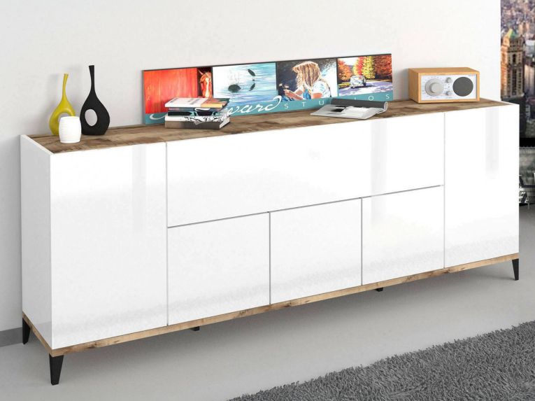 Credenza bianco lucida e acero 200x40x82h cm 6 ante - Amour