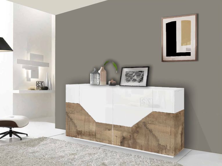 Credenza bianco lucida e acero 200x43x86h cm 4 ante - Ania