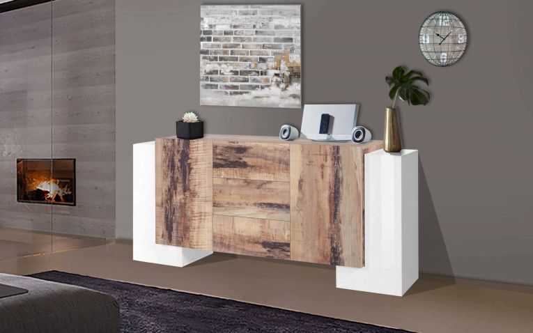Credenza bianco lucida e acero 210x45x85h cm 4 ante e 3 cassetti - Alchemy