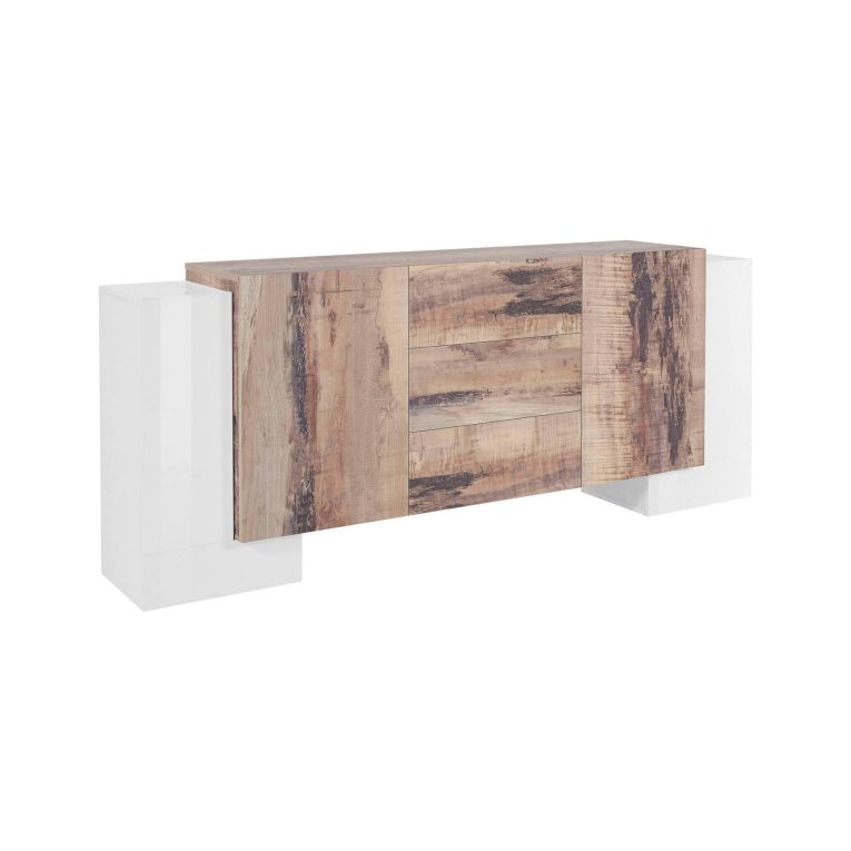 Credenza bianco lucida e acero 210x45x85h cm 4 ante e 3 cassetti - Alchemy