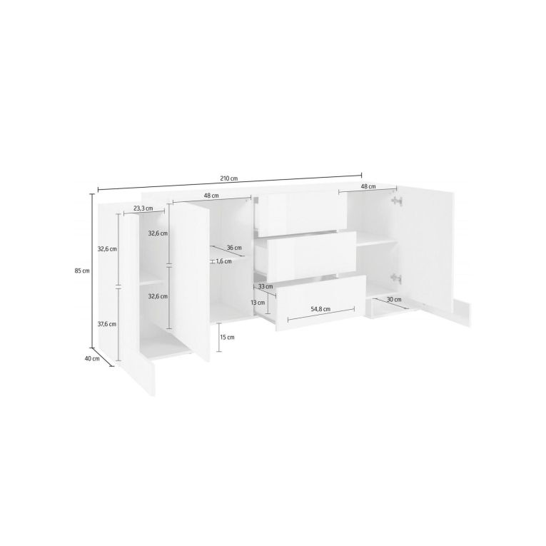 Credenza bianco lucida e acero 210x45x85h cm 4 ante e 3 cassetti - Alchemy