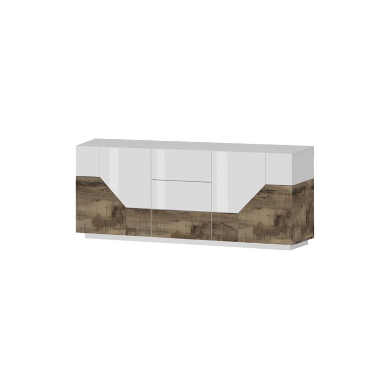Credenza bianco lucida e acero 220x43x86h cm 4 ante e 3 cassetti - Almira