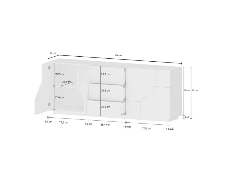 Credenza bianco lucida e acero 220x43x86h cm 4 ante e 3 cassetti - Almira