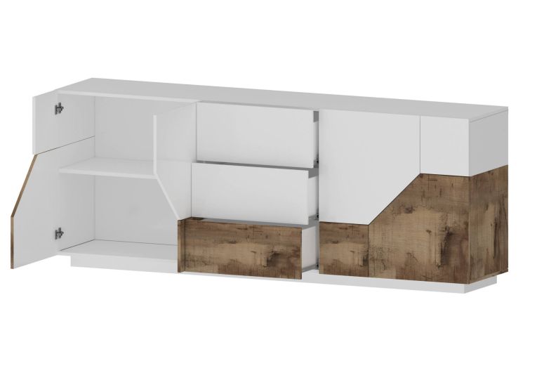 Credenza bianco lucida e acero 220x43x86h cm 4 ante e 3 cassetti - Almira