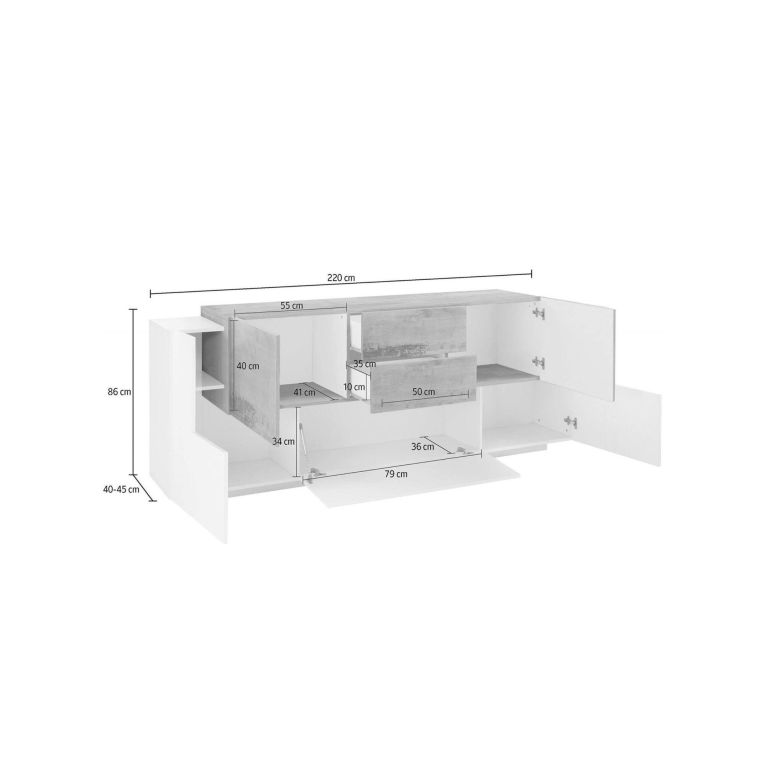 Credenza bianco lucida e acero 220x45x86h cm 5 ante e 2 cassetti - Akirum