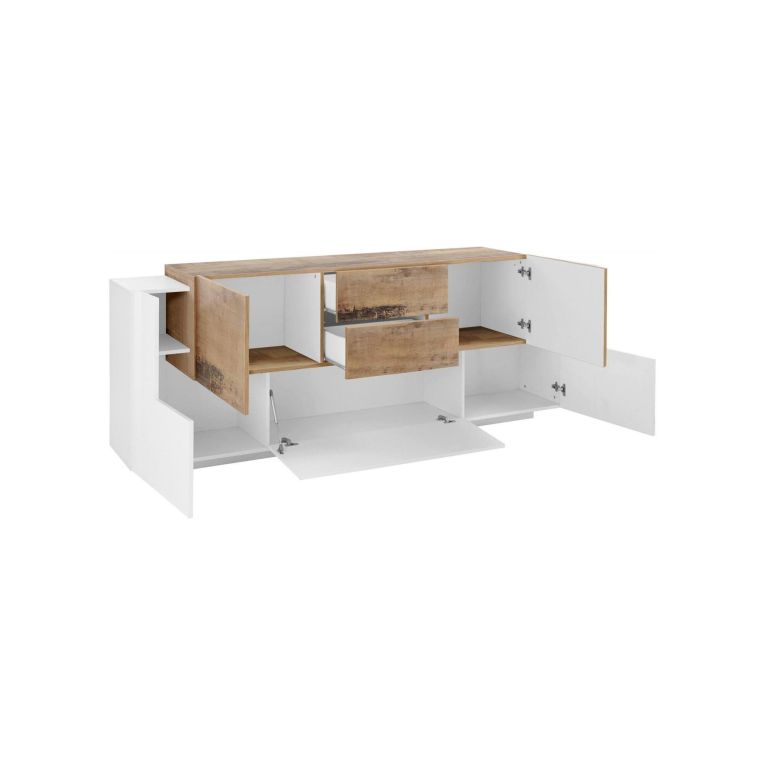 Credenza bianco lucida e acero 220x45x86h cm 5 ante e 2 cassetti - Akirum