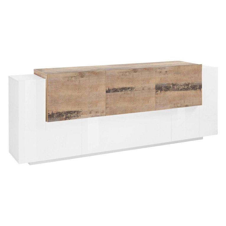 Credenza bianco lucida e acero 220x45x86h cm 5 ante e 2 cassetti - Akirum