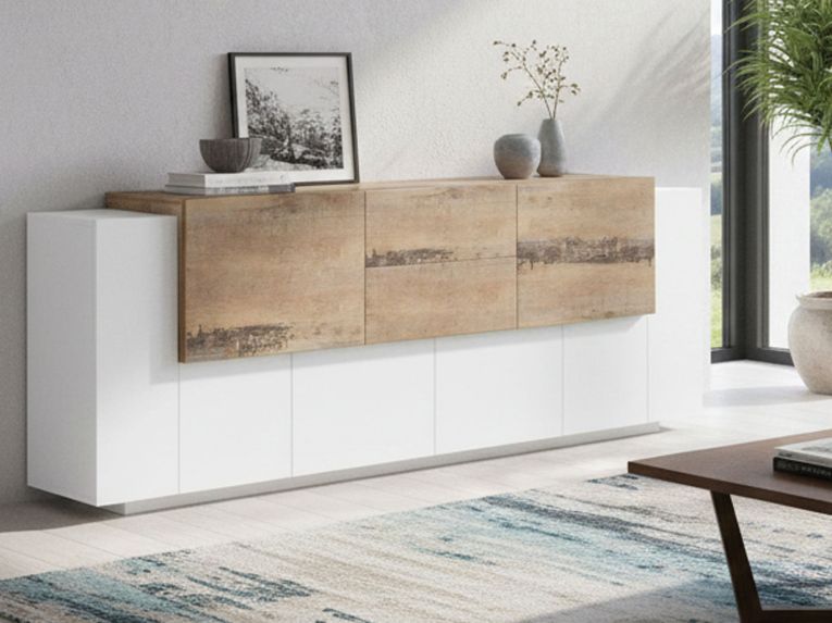 Credenza bianco lucida e acero 220x45x86h cm 5 ante e 2 cassetti - Akirum