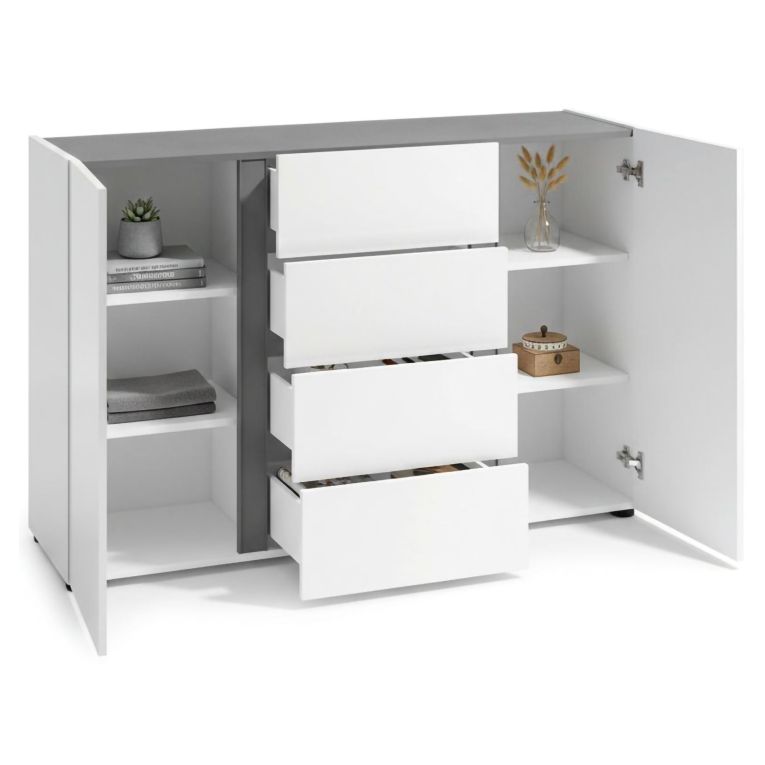 Credenza bianco lucida e antracite 140x38x92h cm 2 ante e 4 cassetti - Ernesta