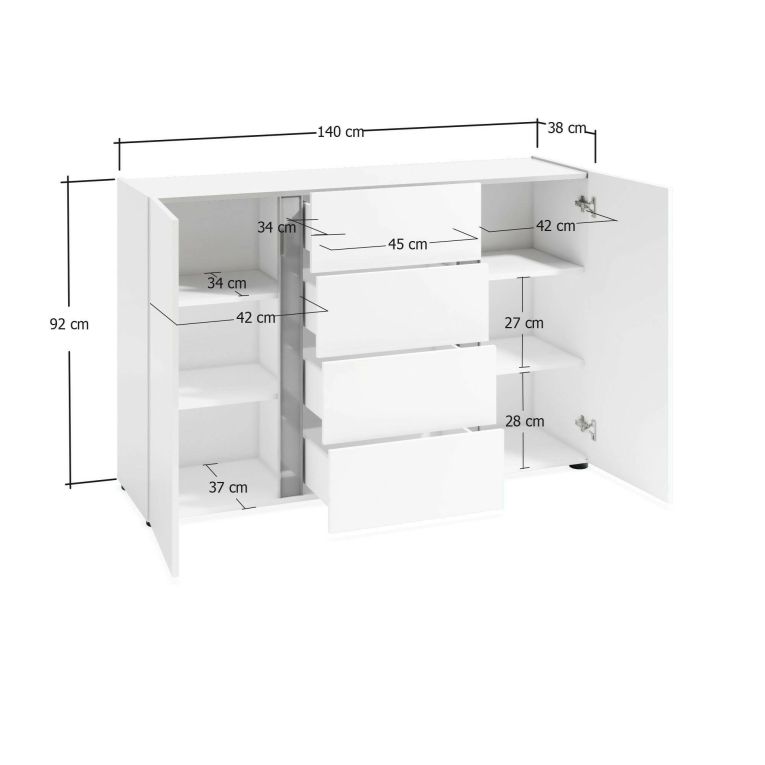 Credenza bianco lucida e antracite 140x38x92h cm 2 ante e 4 cassetti - Ernesta