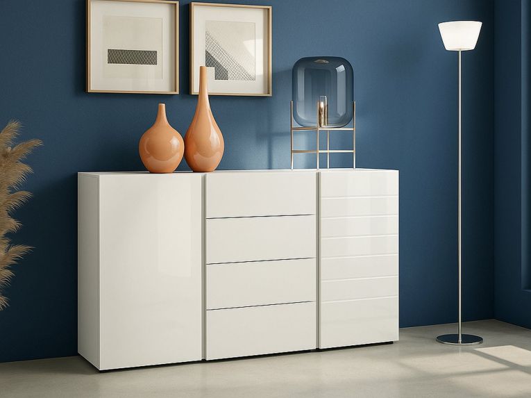 Credenza bianco lucida e antracite 140x38x92h cm 2 ante e 4 cassetti - Ernesta