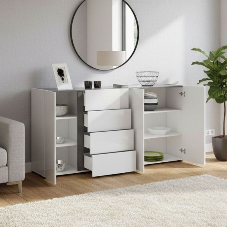 Credenza bianco lucida e antracite 180x38x92h cm 3 ante e 4 cassetti - Baveno