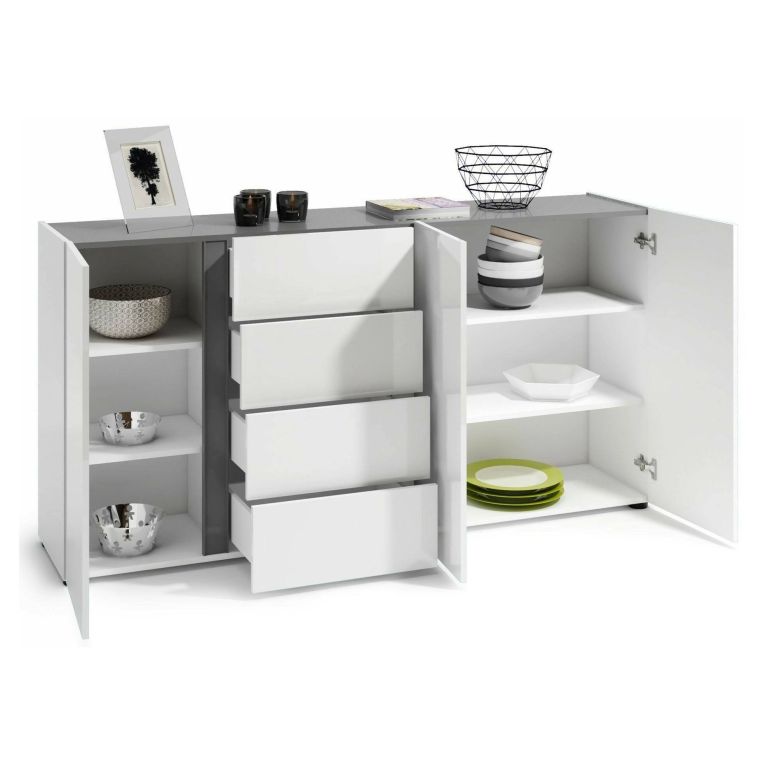 Credenza bianco lucida e antracite 180x38x92h cm 3 ante e 4 cassetti - Baveno