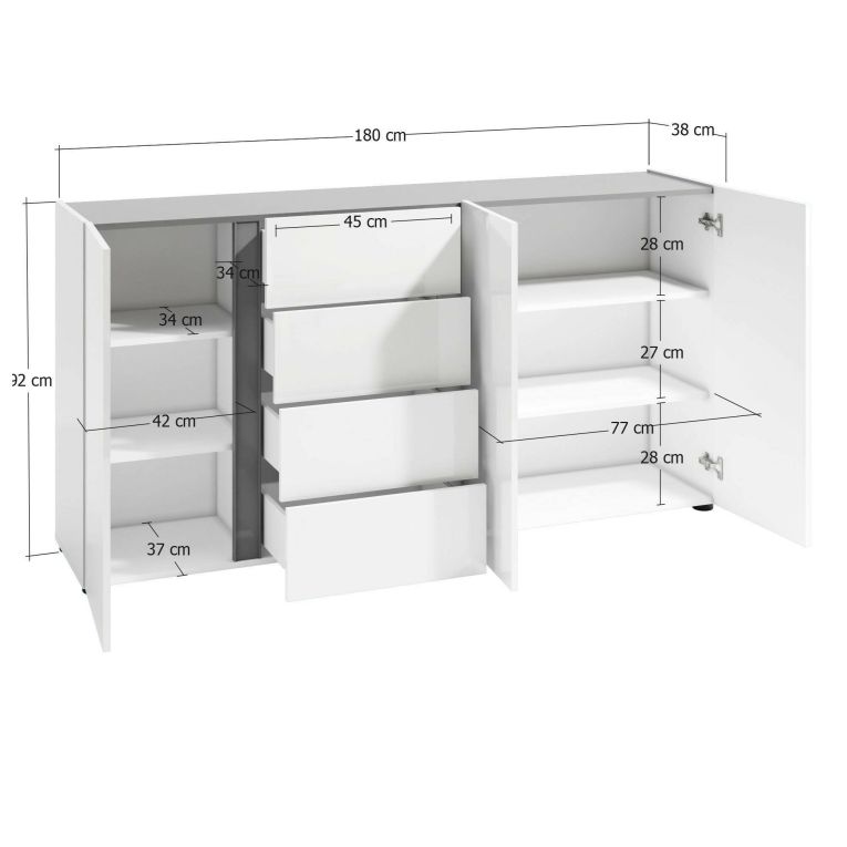 Credenza bianco lucida e antracite 180x38x92h cm 3 ante e 4 cassetti - Baveno